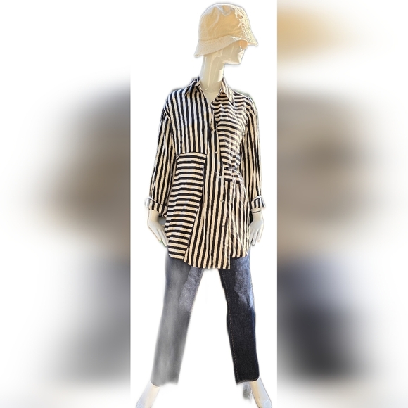 Massimo Dutti Satiny Black and Cream Striped Lounge Jacket/shirt Lg - Picture 1 of 15